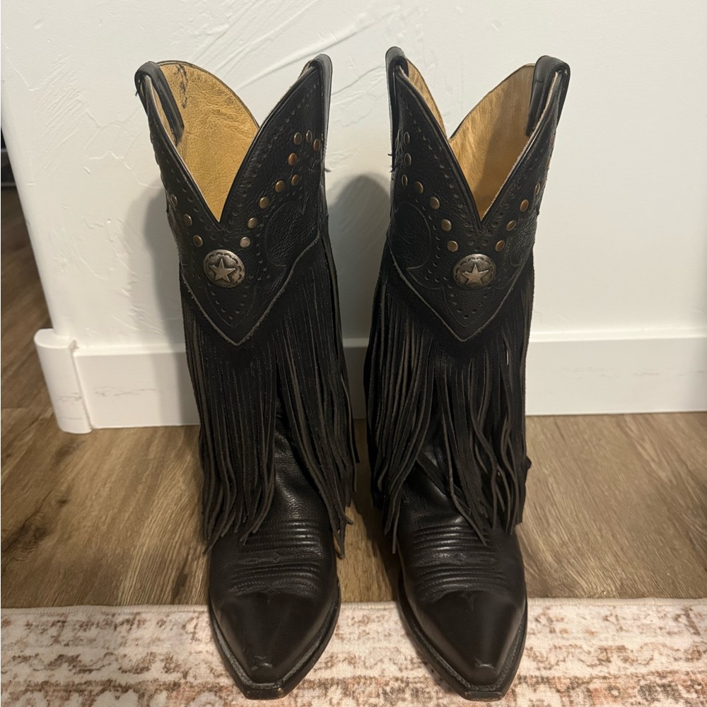 Roper Black Fringe Heeled Boots